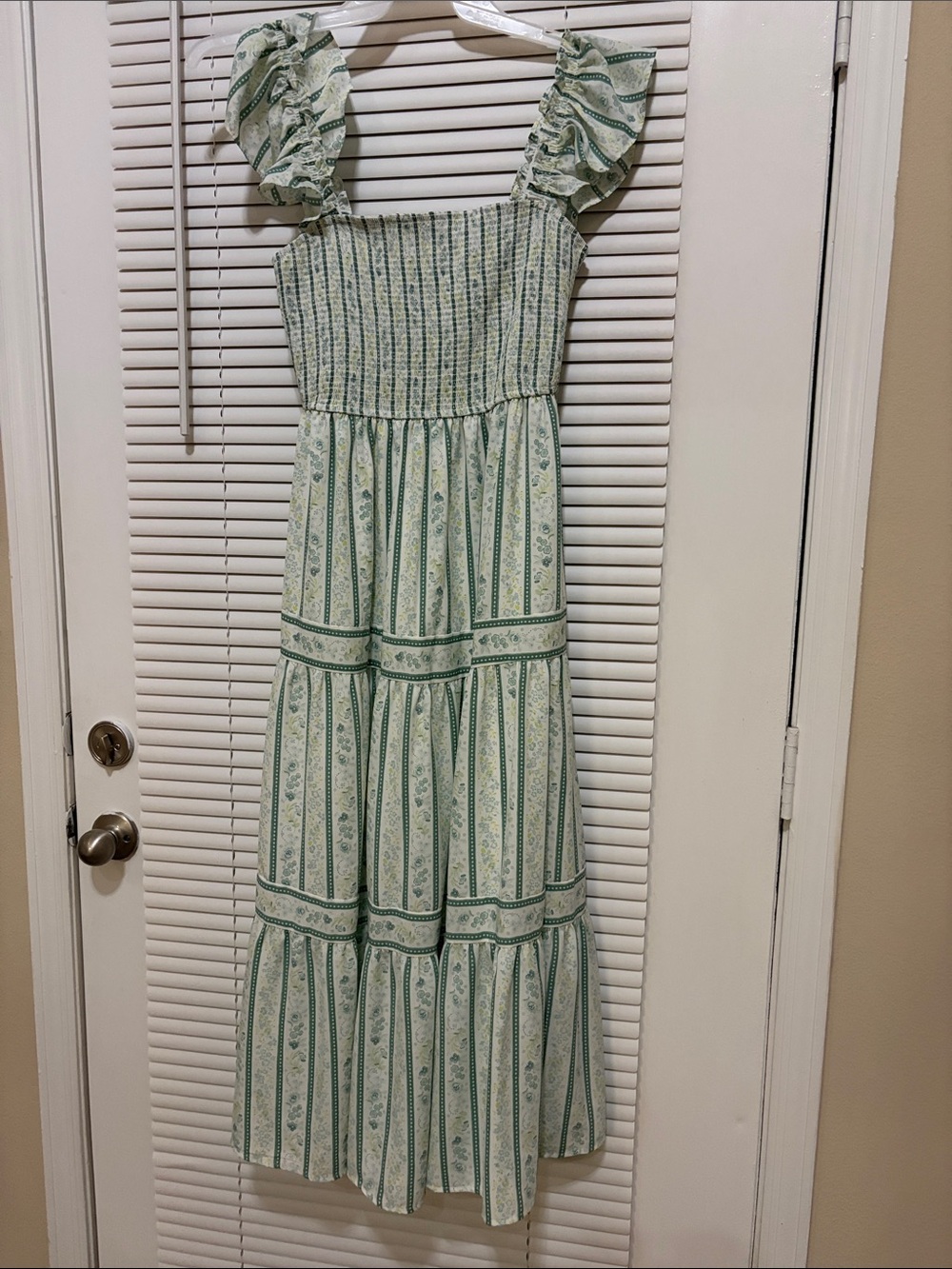 Blu Pepper Light Green Striped Floral Maxi Dress with Ruffle Straps